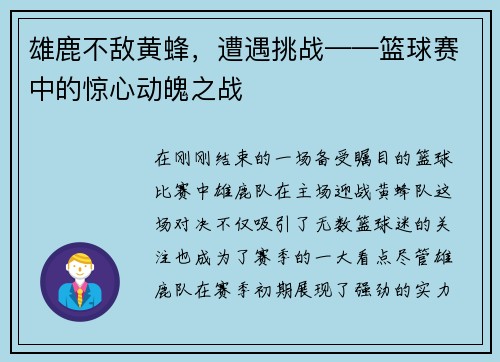 雄鹿不敌黄蜂，遭遇挑战——篮球赛中的惊心动魄之战