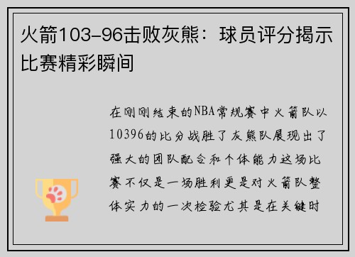 火箭103-96击败灰熊：球员评分揭示比赛精彩瞬间